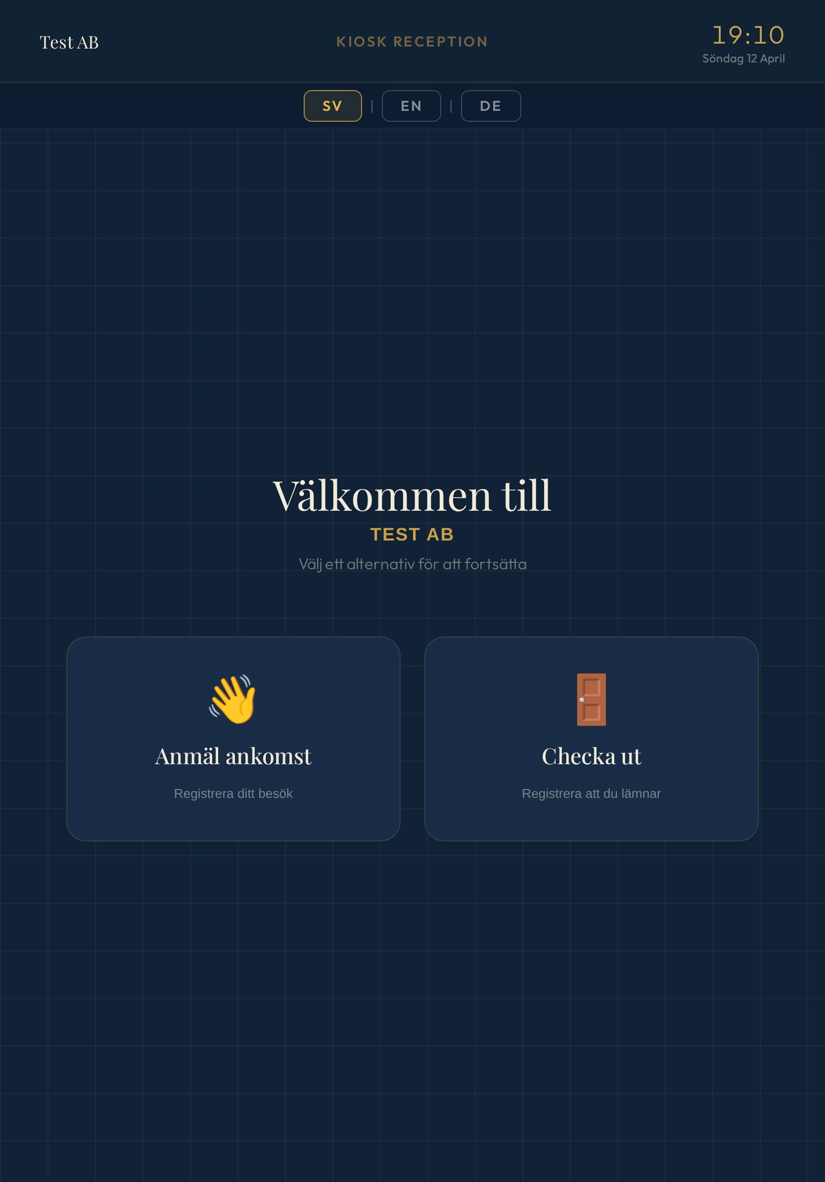Skärmdump av incheckningssida i kioskläge i stående iPad-format